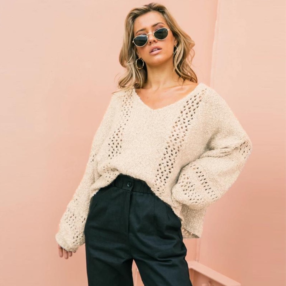 Hollow Out Beige Oversized Sweater - Picture 2 of 16